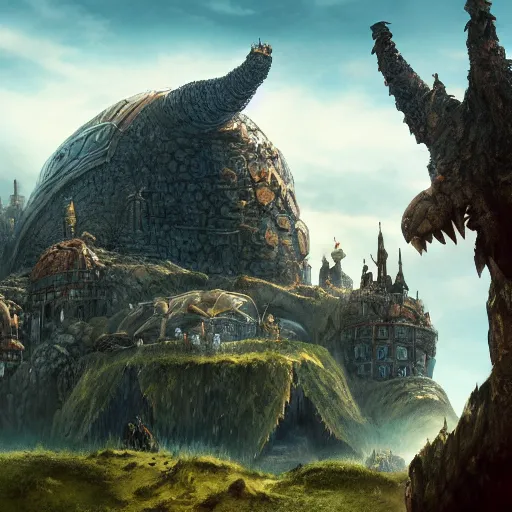 Prompt: large fantasy castle rising from the top of a giant tortoise, towering over a harsh barren wasteland, howls moving castle, mortal engines, kaiju, distant - mid - shot centered, fantasy, hyper detailed, 4 k