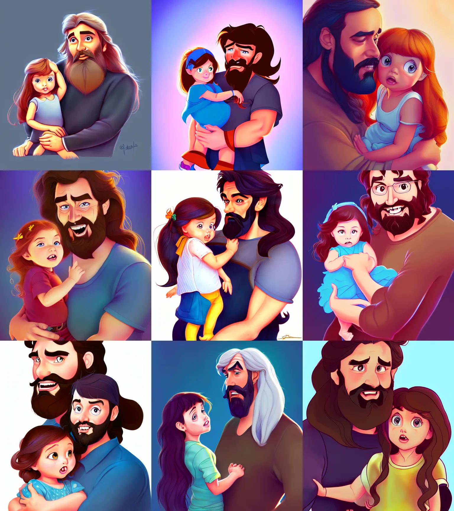 Image similar to a long - haired bearded father and his child toddler girl full color digital illustration in the style of don bluth, artgerm, artstation trending, 4 k