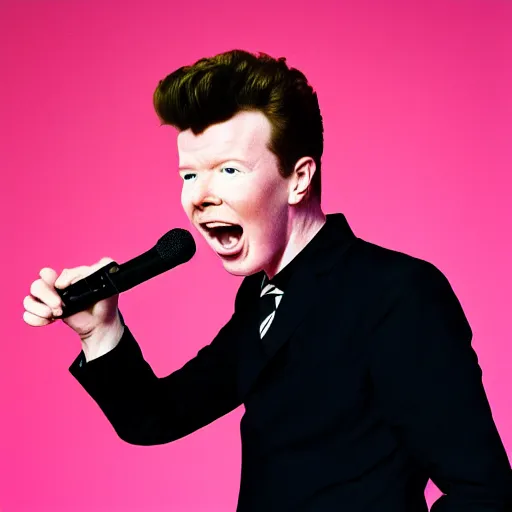 Prompt: young Rick Astley singing into a microphone, dancing, black suit, striped shirt, white background, colored photograph, 4k