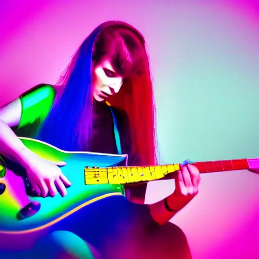 Prompt: woman with rainbow coloured hair playing guitar at the edge of reality, concept art, high quality, moody, colourful