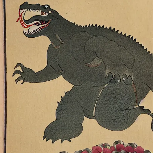 Image similar to ancient japanese watercolour of godzilla running a fruit stall in a market