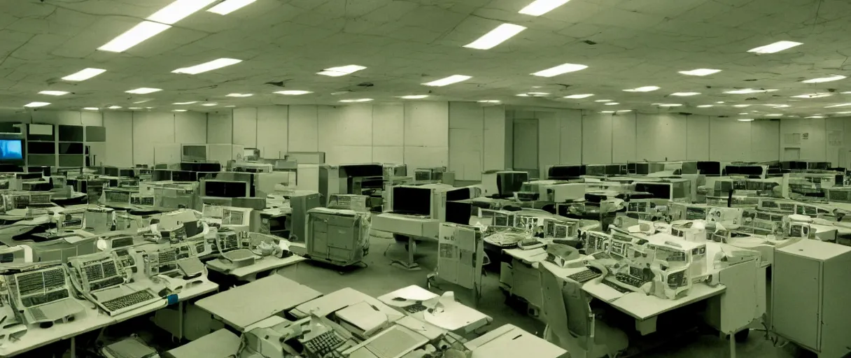Image similar to movie still 4 k uhd 3 5 mm film color photograph of an abandoned computer laboratory control room full of cold war era computers