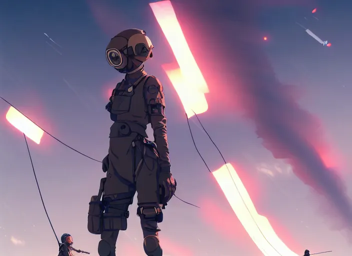 Image similar to portrait of pilot girl parachuting behind enemy lines, black sky background, chaotic landscape, illustration concept art anime key visual trending pixiv fanbox by wlop and greg rutkowski and makoto shinkai and studio ghibli and kyoto animation, kaki body suit, wires and chords, oxygen mask, military gear, grimdark, volumetric lighting