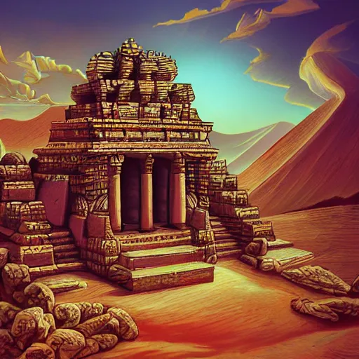 Prompt: ancient peruvian structure, retrowave epic art, trending on art station