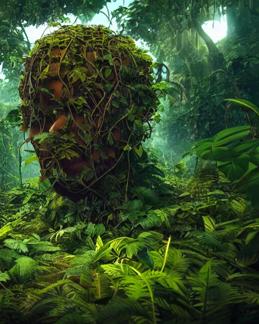 Image similar to beautiful jungle landscape, anonymous head, beautiful vines growing, in the style of beeple and mike winkelmann, intricate, epic lighting, cinematic composition, hyper realistic, 8 k resolution, unreal engine 5, raytracing, reflections, happy colors