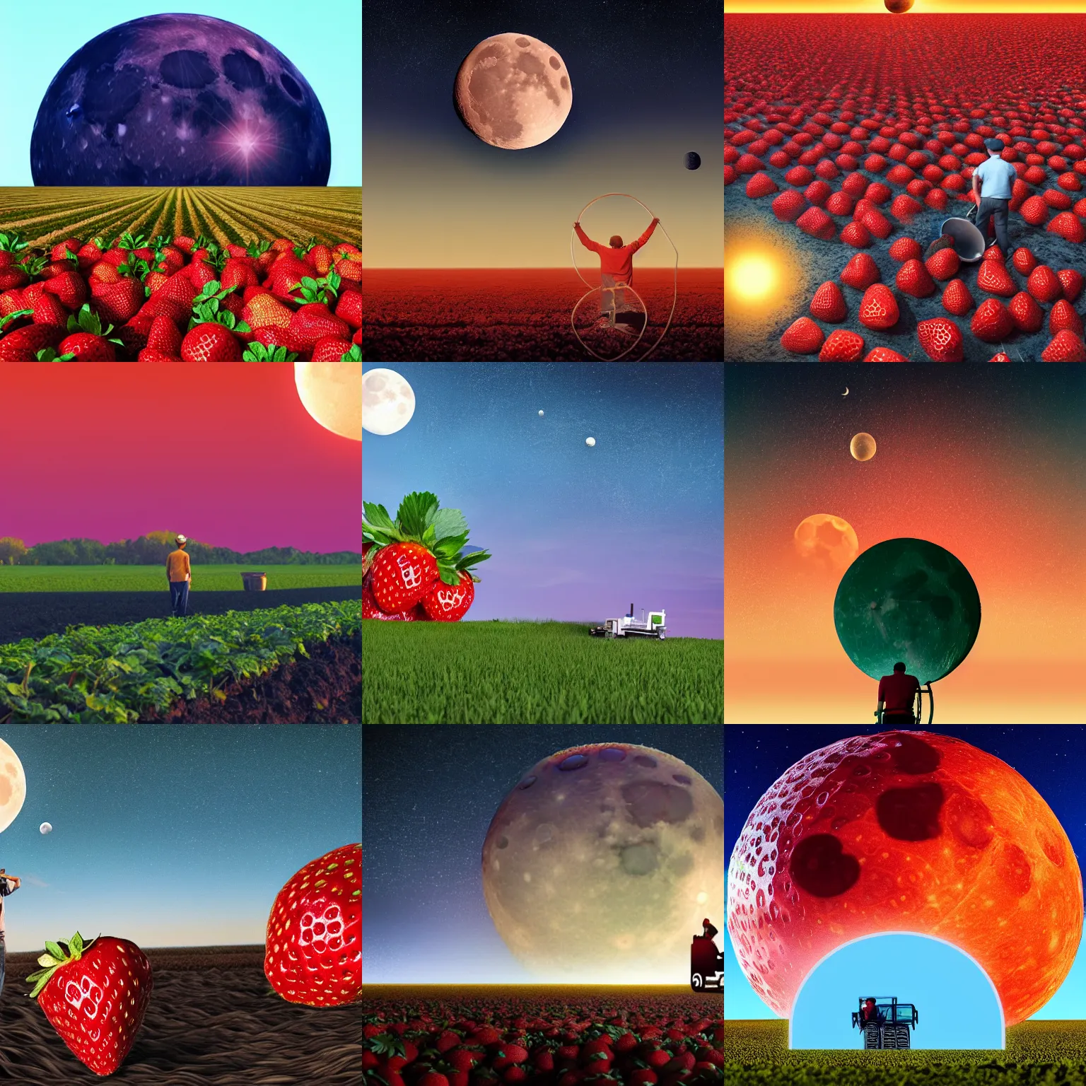 Prompt: Man harvesting strawberries at the Moon, while Earth is rising at the horizon. Photorealistic, hyperdetailed, 4k.