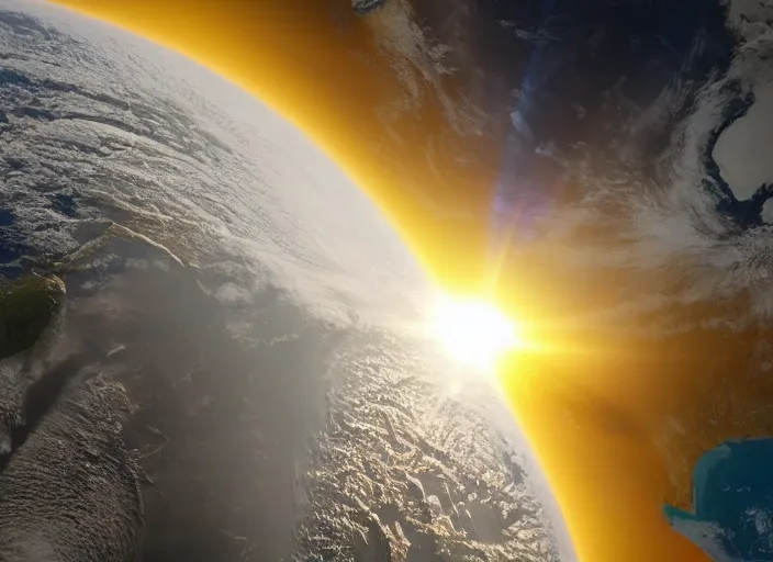Image similar to nasa satellite still of a disk shaped earth with mountains peaking out of the clouds, sun behind it lens flares, 8 k
