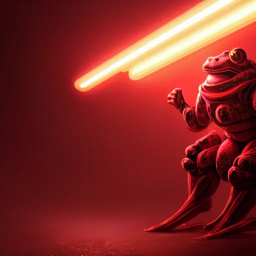 Image similar to wide shot, photo of a toad head, a huge humanoid toad-man with a katana, in a heavy futuristic armour without a helmet, hyper realistic, hyper detailed, coherent photo, trending on artstation, cyberpunk, Japanese style, volumetric lightning, neon, electric colours, Cinematic, Dramatic, Film Grain, Kodak Portra, Depth of Field, 15 mm octane render, 4k, raytracing, blender