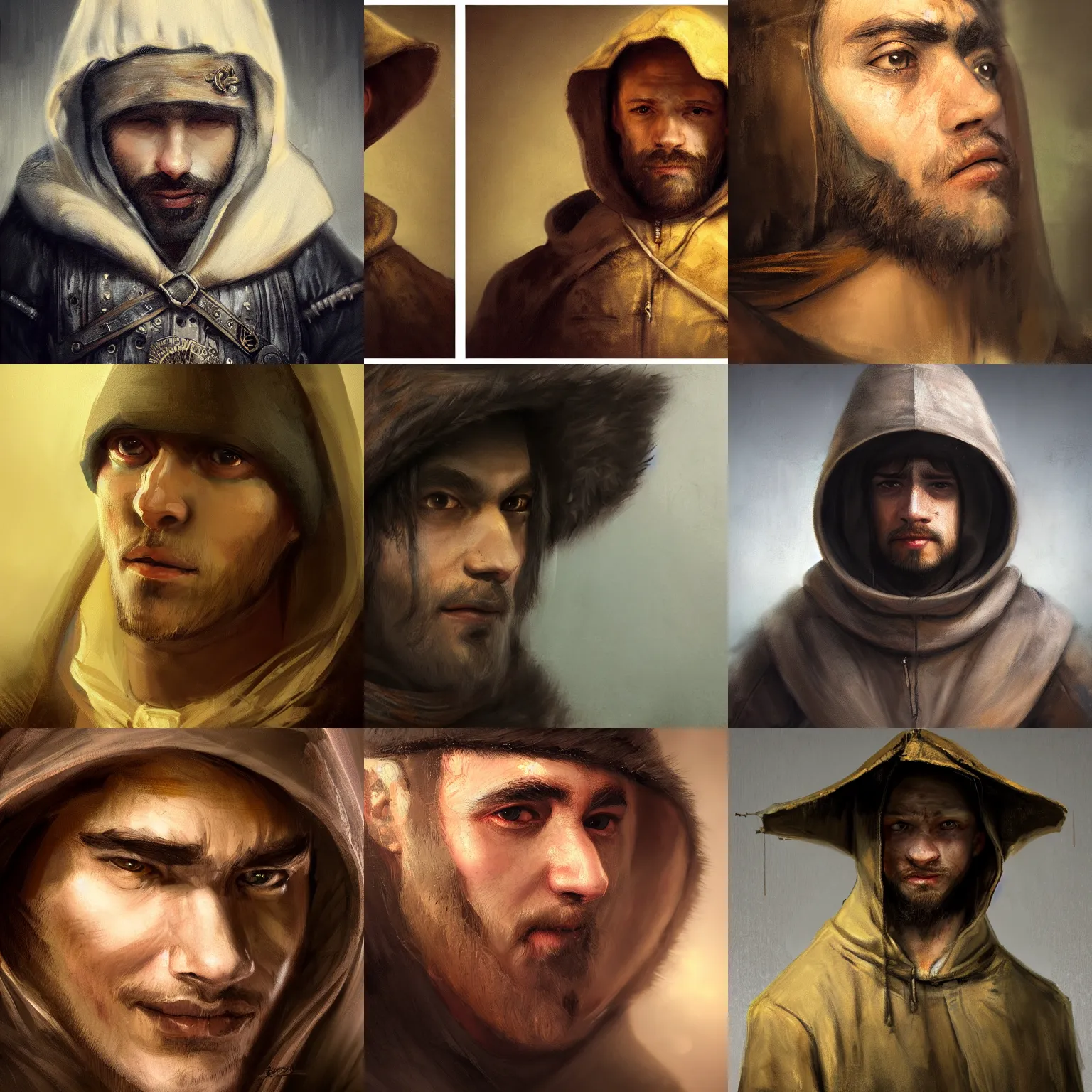 Prompt: detailing character concept close up portrait painting of Hooded bandit with a thin smile , male, high fantasy, massive , art station, trending, editor’s pickup, delicate detailing by Rembrandt, 3/4 view, cinematic lighting, simple background, no border and frame