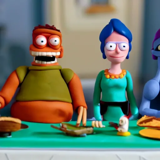 Image similar to fry, bender and leela from futurama eating cake, claymation, cinematic, 8 k