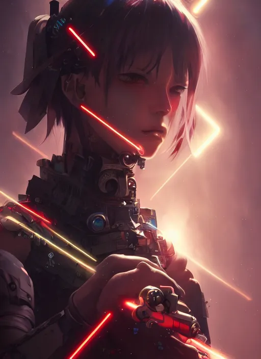 Image similar to cool cyberpunk cyborg samurai girl, battle pose, laser guns, extremely beautiful, detailed portrait, intricate light complexity, concept art by krenz cushart, kyoto animation, wlop. 4 k, beautiful, cinematic dramatic atmosphere, sharp focus, perfect lightning