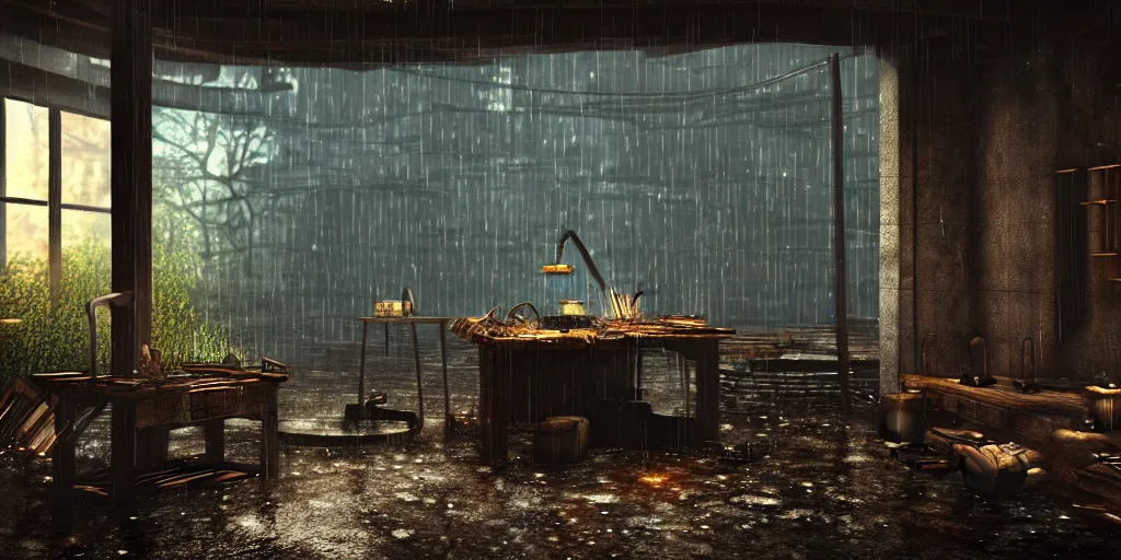 Image similar to blacksmith stall, cyberpunk, rain, in a forest, octane render