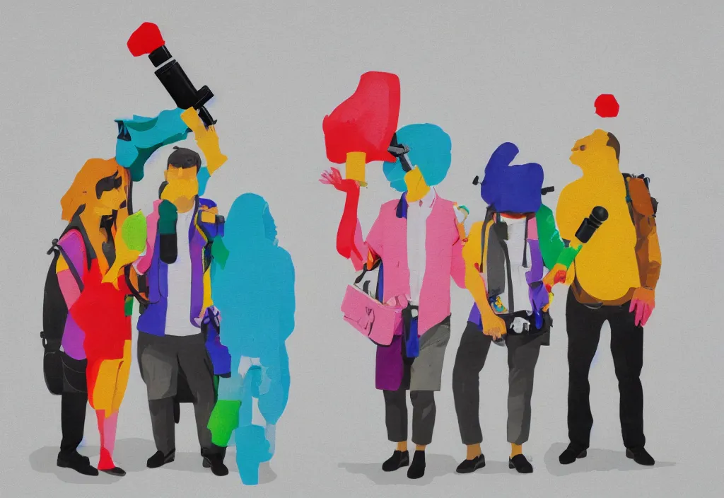 Image similar to full body portrait of a trio of european tourists with nikon cameras, character designs painting, in the style of wes anderson, rene magritte, lola dupre, david hockney, isolated on white background, dark monochrome neon spraypaint accents volumetric octane render