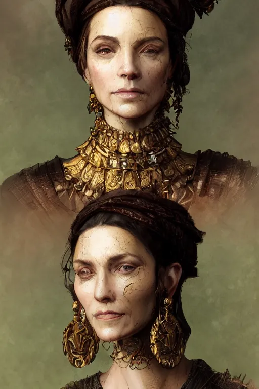 Image similar to portrait, headshot, digital painting, of a 17th century, beautiful, middle aged, middle eastern, wrinkles, decadent, cyborg merchant woman, dark hair, amber jewels, baroque, ornate dark green techwear clothing, scifi, futuristic, realistic, hyperdetailed, concept art, chiaroscuro, side lighting, art by waterhouse