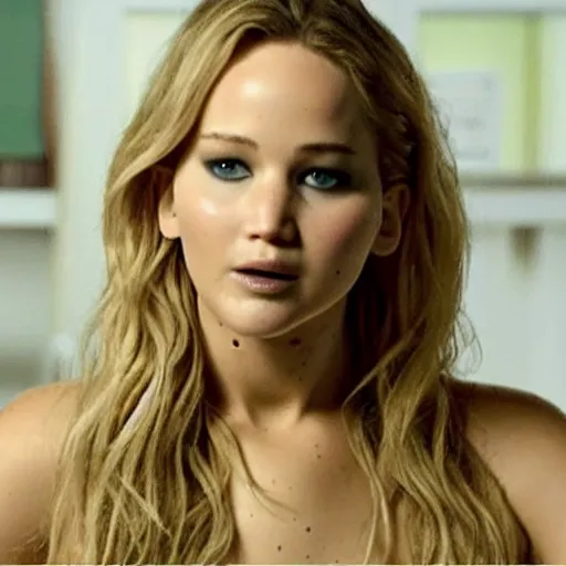 Prompt: Jennifer Lawrence in an ad for vegan shampoo, lots of foam, white background, fluffy towels, vivid colors