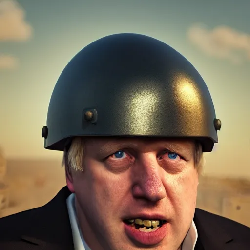 Image similar to boris johnson with military helmet on in kyiv, realistic, wide shot, sunny lighting, octane render, gq magazine, hyper realistic, high quality, highly detailed, hd, beautiful, cinematic, 8 k, unreal engine, facial accuracy,