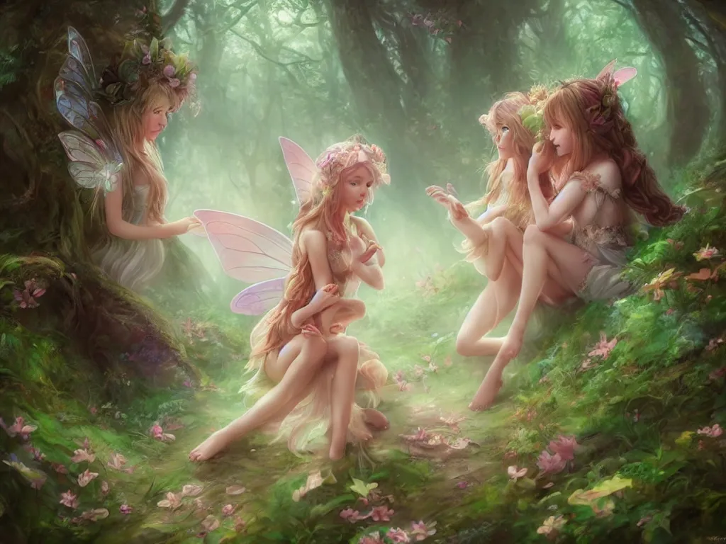 Image similar to two cute fairy in the dreamy forest, fantasy, dreamlike, 8 k resolution, hyper detailed, d & d, character design, digital painting, trending on artstation, sharp focus, illustration, art by artgerm, viktoria gavrilenko, hoang lap, fuji choko, steve zheng