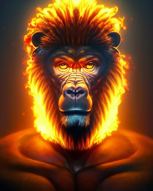 Prompt: gorilla - bodied lion - headed dragon - scaly head burning superhero, glam, power, glowing lights intricate, elegant, highly detailed, digital painting, artstation, concept art, smooth, sharp focus, illustration, art by artgerm and greg rutkowski and fra angelico and unreal engine 5
