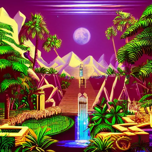 Image similar to babylonian garden, epic retrowave art, trending on art station