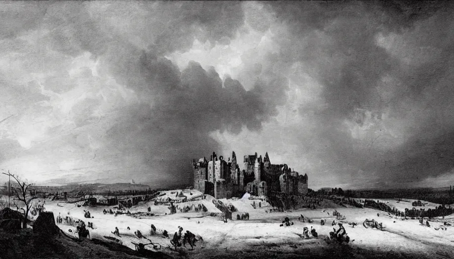 Image similar to huge castle upon a hill covered in snow with a dark cloudy stormy sky, striking landscape, dramatic scene during the first anglo - dutch war painted by jan beerstraaten