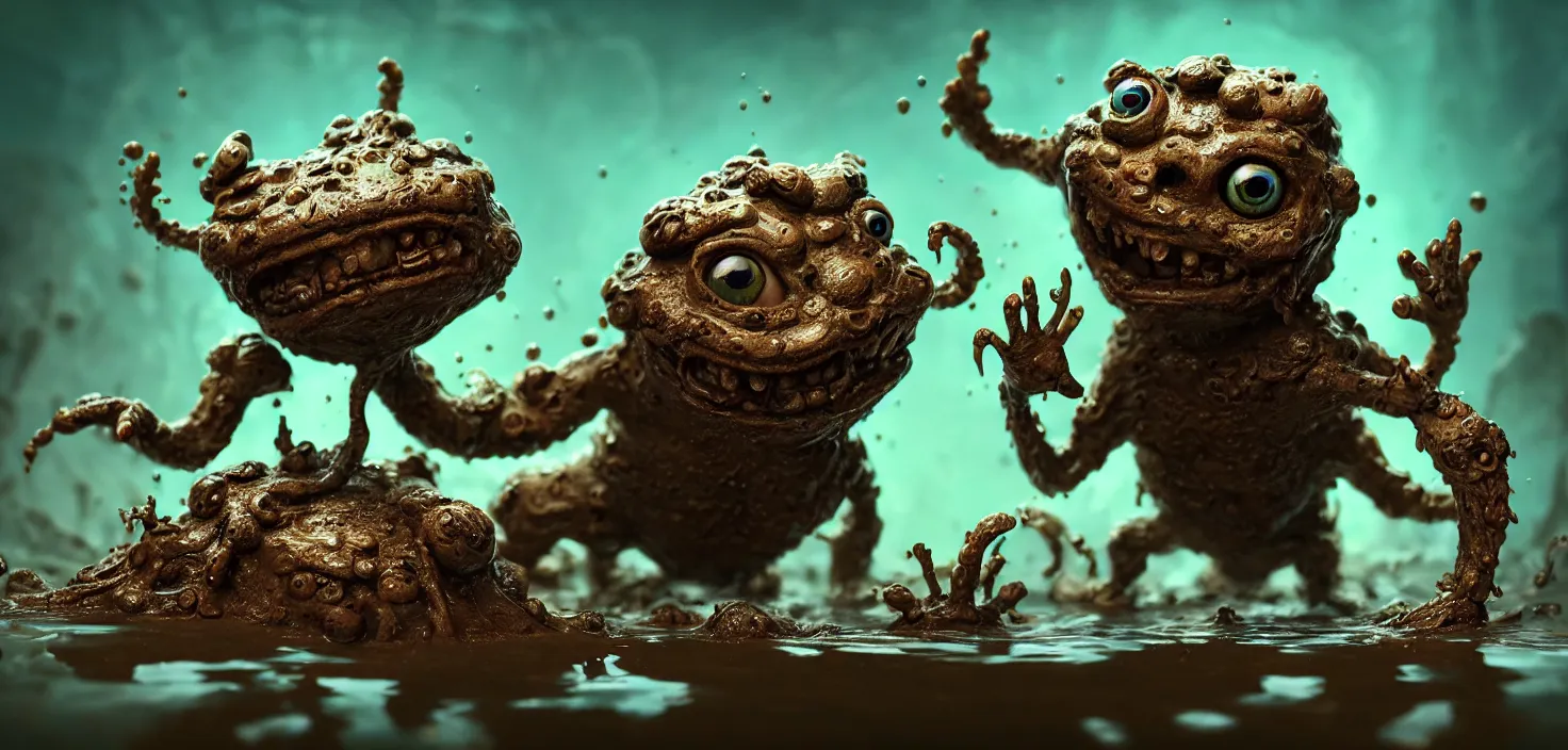 Prompt: intricate mud monsters with big eyes splash in the water, in the style of craola, macro lens, shallow depth of field, highly detailed, digital painting, trending artstation, concept art, illustration, cinematic lighting, vibrant colors, photorealism, epic, octane render