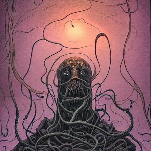 Image similar to lovecraftian eldritch being, made of dark matter, formless and amorphous, beautiful, realistic eerie fantasy illustration