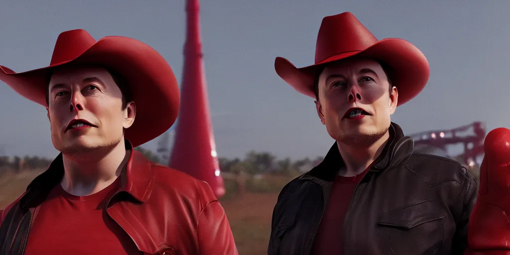 Image similar to 3d render of elon musk wearing a red cowboy hat, octane, 4k