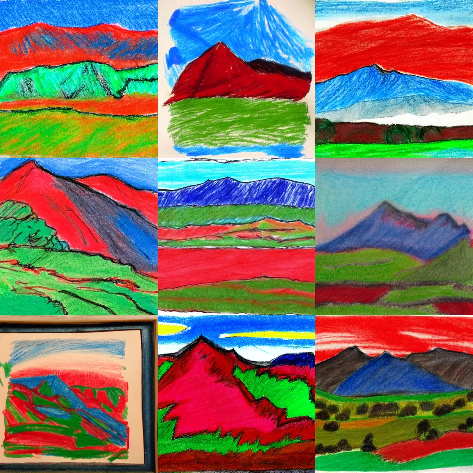 Prompt: black mountains on a blue sky with splotches of red and green, children's drawing, crayon, low quality