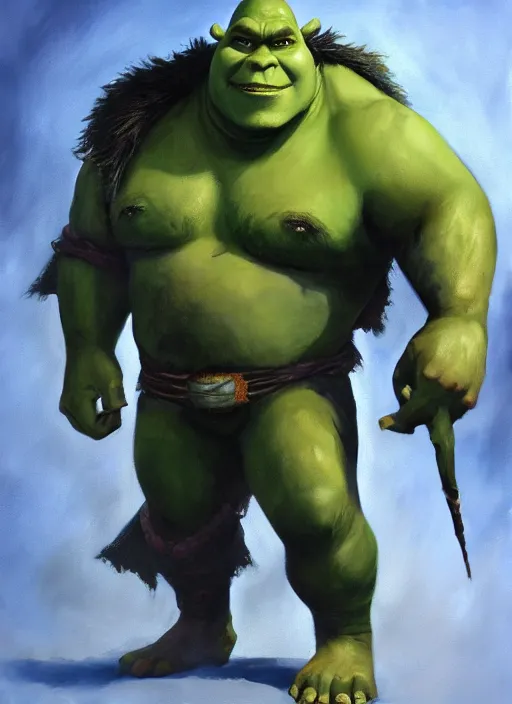 Image similar to dramatic oil painting of full body shrek as thrall from world of warcraft, artstation, shrek, epic, dramatic,