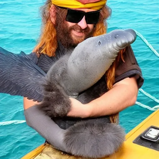 Image similar to incredibly fantastically stupendously exagerratedly fluffy incredibly tiny winged pygmy baby manatee platypus hybrid being cradled by a pirate captain the deck of his ship, realistic, fantasy, pet, adorable, national geographic