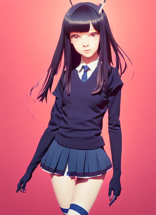 Image similar to full body beautiful and cute and aesthetic school girl greeting, very slightly smiling, wave a hand at the camera, perfect face, symmetric eyes, sharp focus, specular reflection, occlusion shadow, artstation, by ilya kuvshinov and jeremy lipking, light novel cover art, 3 d epic illustrations, symmetric body, model pose