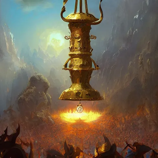 Image similar to a holy bell ringing, a giant golden holy bell, hearthstone art style, epic fantasy style art by Craig Mullins, fantasy epic digital art, epic fantasy card game art by Greg Rutkowski