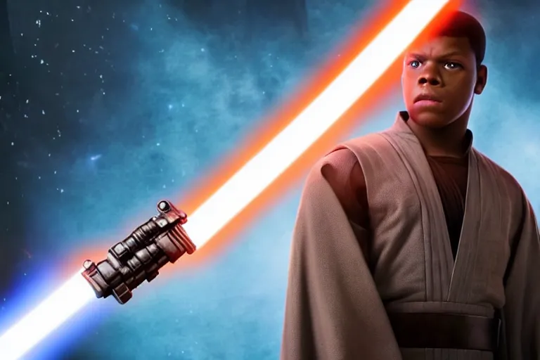 Image similar to Star Wars, Finn played by John Boyega wears jedi robes and wields lightsaber standing alone, full body shot, ultra realistic, 4K, movie still, UHD, sharp, detailed, cinematic, render