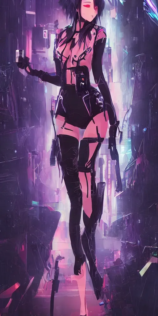 Image similar to fullbody portrait of a beautiful girl dressed in cyberpunk style, anime style, masterpiece, award - winning, artstation, pixiv