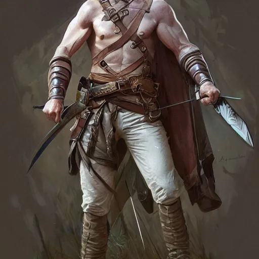 Image similar to portrait of a young rugged ranger holding his longsword up, hands, muscular, upper body, D&D, fantasy, intricate, elegant, highly detailed, digital painting, artstation, concept art, smooth, sharp focus, illustration, art by Artgerm and Greg Rutkowski and Alphonse Mucha