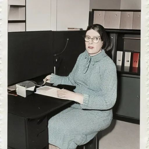 Prompt: a colour photographic portrait of a secretary sitting behind a desk, clothes in 1 9 7 0 th knitted burda style,