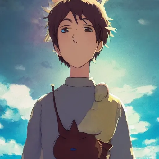 Prompt: friendly guy and small creature , with Fragile looking character portrait face made by Studio Ghibli highly detailed art, beautiful scene, sharp focus, smooth, 8k, anime art, wild, dark, fantasy, peaceful, sunshine, big eye, happy sunshine