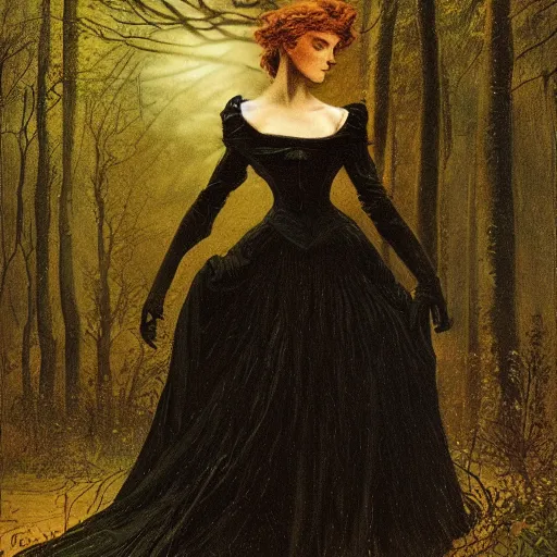 Image similar to A beautiful victorian woman, night, gothic dress, flowing hair, oil painting, portrait, magical forest, , glow, dramatic lighting, dramatic light, masterpiece, high detail, long shadow, amazing composition, detailed, painted by Caspar David Friedrich