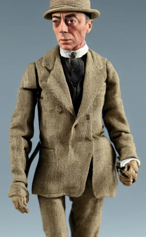 Prompt: detailed, articulated action figure of buster keaton. buster keaton as a poseable doll. vintage hollywood collectable figurine.