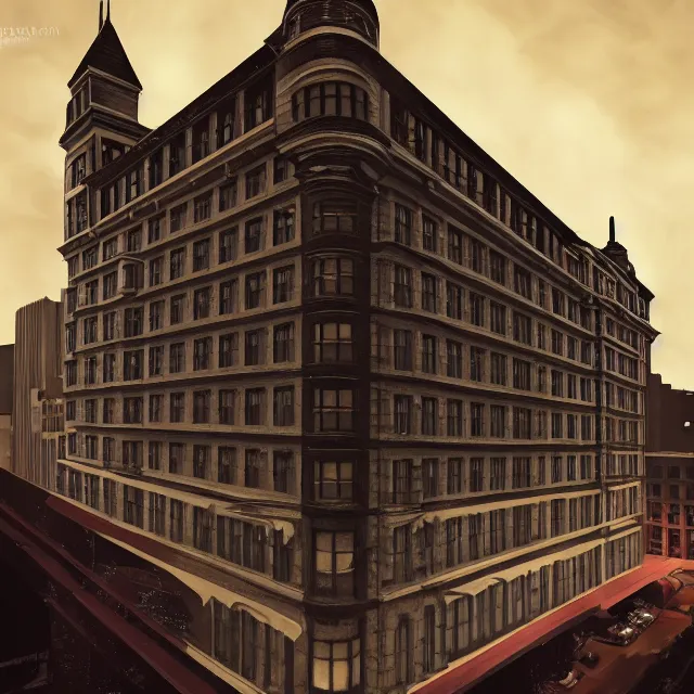 Prompt: action scene painting of a 1 9 2 0 s gothic style hotel in downtown boston, overlooking a dark street, architectural, atmospheric lighting, brooding, painted, intricate, ultra detailed, well composed, best on artstation, cgsociety, epic, stunning, gorgeous, intricate detail, much wow, masterpiece, cinematic aesthetic octane render, 8 k hd resolution,