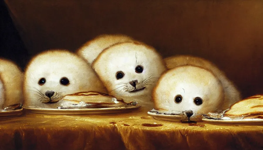 Image similar to highly detailed painting of cute furry white baby seals in a pile of jam pancakes on a table by william turner, by greg rutkowski, by william constable, thick brush strokes and visible paint layers, 4 k resolution