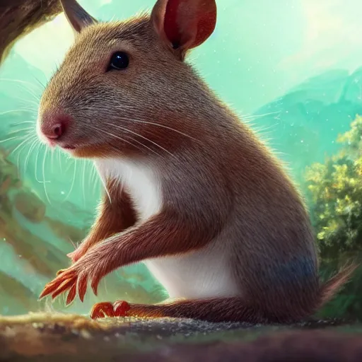 Image similar to agouti close shot, cute, fantasy painting, concept art, global illumination, tankoban, 4 k, fantasy painting, hyper detailed, pixar animation style, 8 k, studio light, award winning, by artgerm, sylvain sarrailh, rossdraws, wlop, very beautiful