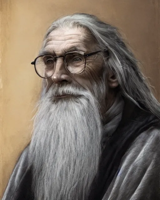 Prompt: portrait of very tall and big 8 0 - year - old man, with blue eyes, very long silver hair, and very long silver beard, a long crooked nose, wearing half rounded glasses, wearing in black cloak, hyper realistic face, beautiful eyes, fantasy art, in the style of greg rutkowski, intricate, alphonse mucha, hyper detailed, smooth