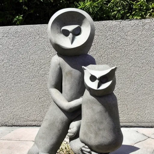 Prompt: concrete modern art garden statue of an owl dressed as a monk. the owl is holding a baby alpaca