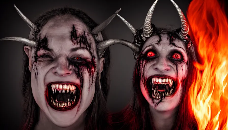 Image similar to portrait of a beatuiful sinister laughing woman with horns made of flames in gothic attire, horror, creepy vibe, looking into the camera, nightmare fuel, studio photography, studio lighting, realistic render, octane render, 4 k, 8 k, face in focus