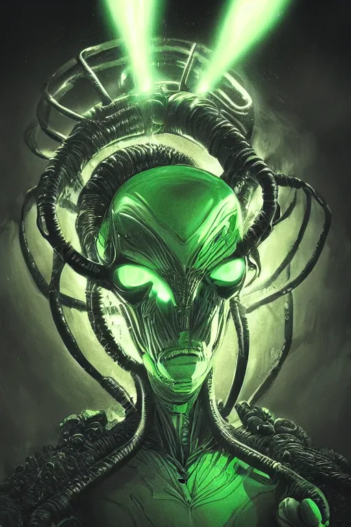 Image similar to alien character, cinematic lighting, intricate details, green smoke dark background, ring light, alex ross, mark waid, jonathan hickman, joe sinnot, jack kirby style arts, trending on artstation featured on behance,