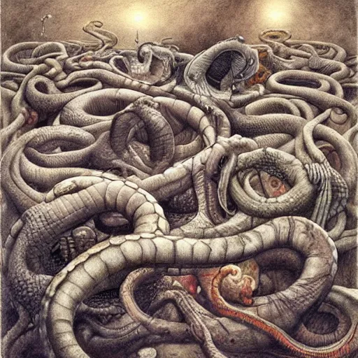 Prompt: the jumbled dreams of serpents, by M.C. Escher, by Santiago Caruso, oil on canvas, beautiful, eerie, surreal, colorful