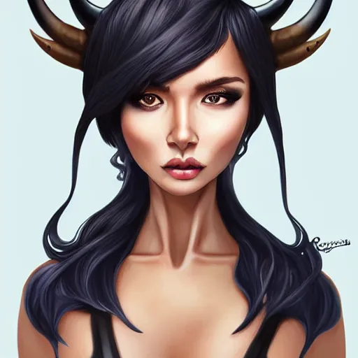 Image similar to illustrated realistic portrait of swept-back prong-horned devil woman with blue bob hairstyle and her tan colored skin and with solid black eyes wearing leather by rossdraws