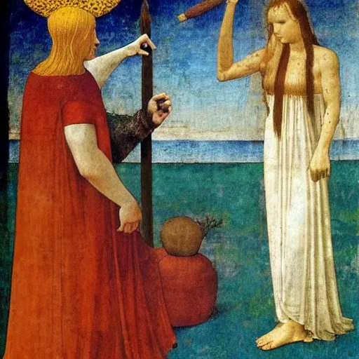 Image similar to half - length portrait of beautiful witch circe in the odyssey, art by piero della francesca, giotto, leonardo da vinci, moebius