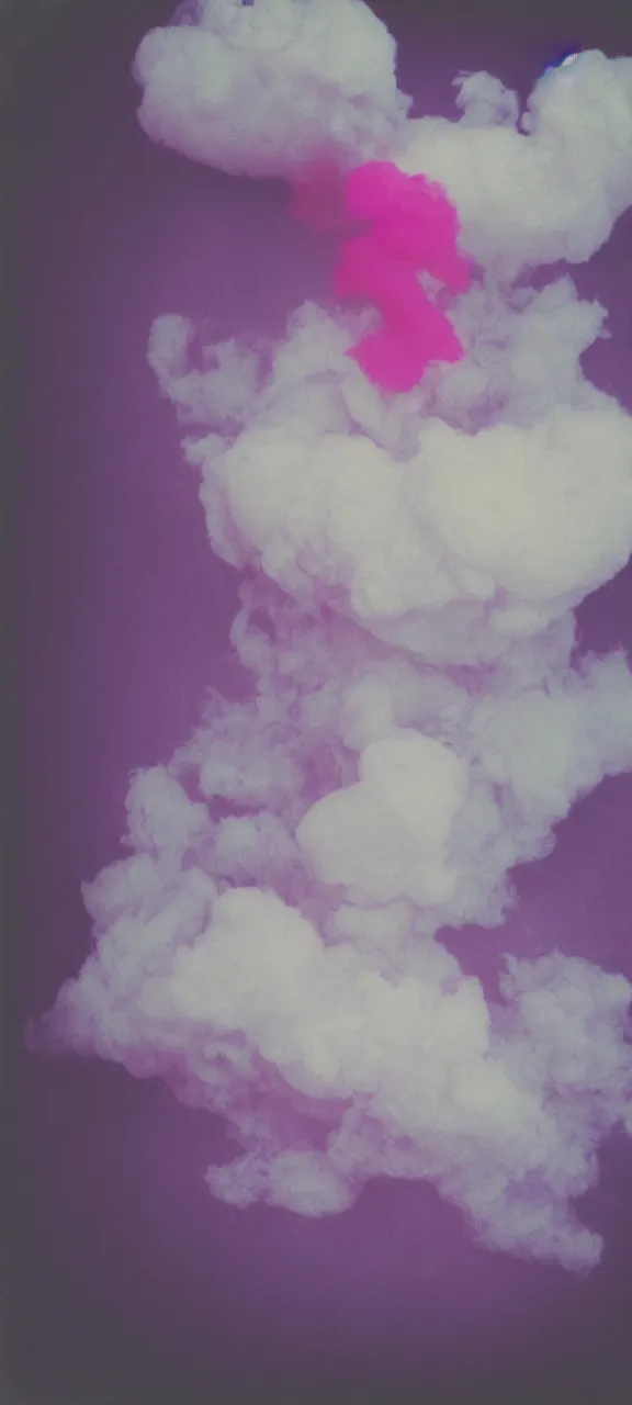 Image similar to polaroid of everything made from cotton candy, smoke, and clouds, mix, DADA collage, texture, lomography, fashion neon light in darkness